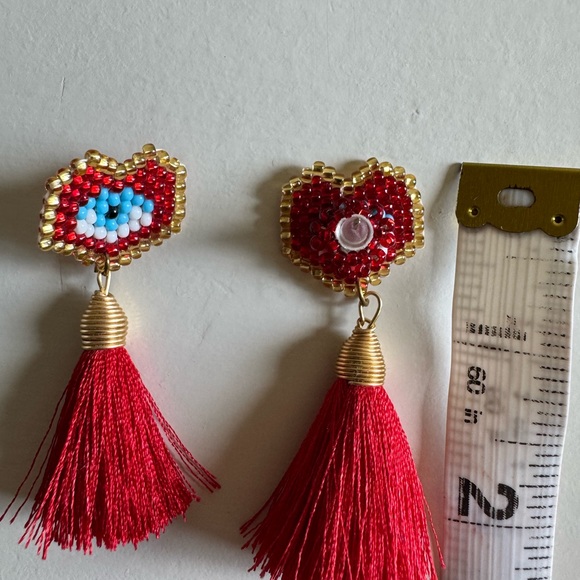 Red Beaded Heart Tassel Earrings - Women's Fashion Jewelry - Picture 3 of 3